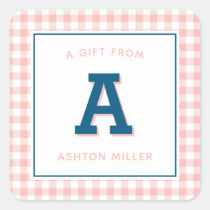 Modern Preppy Monogram en Gingham Vierkante Sticker