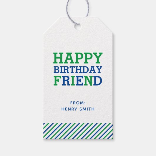 Modern Preppy Monogram en Stripe Happy Birthday Cadeaulabel (Voorkant)