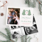 Modern Preppy Pink Green Monogram Bow Photo Feestdagenkaart