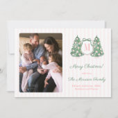 Modern Preppy Pink Green Monogram Bow Photo Feestdagenkaart (Voorkant)