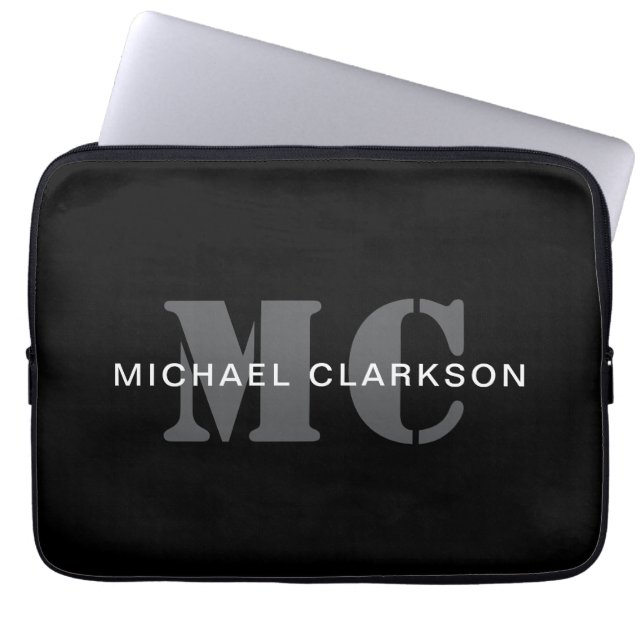 Modern professioneel monogram zwart-wit laptop sleeve (Voorkant)