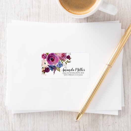 Modern Pruim Blauw Bloemen Terugkeeradreslabel Etiket (Insitu)