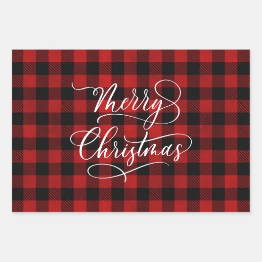 Modern Pset Gingham Merry Kerstfeestdag Inpakpapier Vel (Voorkant)