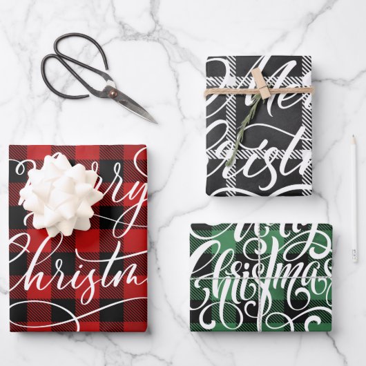 Modern Pset Gingham Merry Kerstfeestdag Inpakpapier Vel (Voorkant)