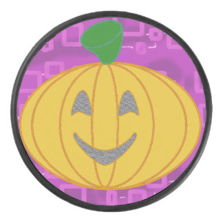 Modern Pumpkin on Purple Geometric  Hockey Puck