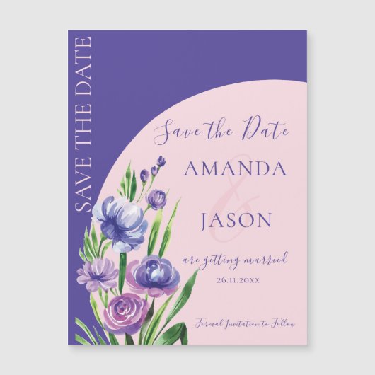 Modern Purple Floral Blush Wedding Save the Date (Voorkant)