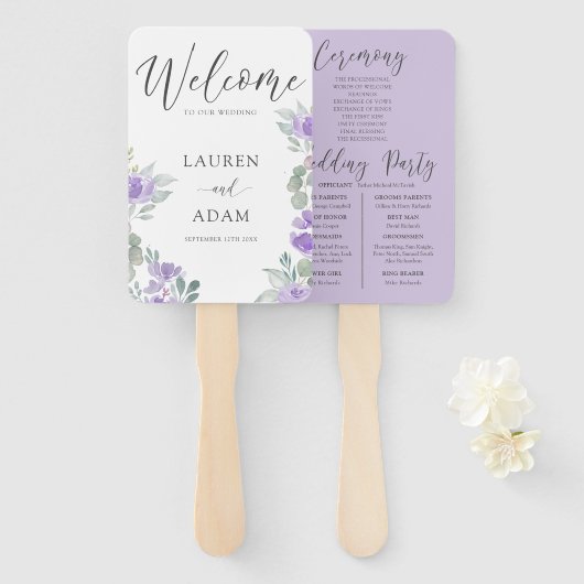 Modern Purple Floral Wedding Program Handwaaier (Voorkant en achterkant)