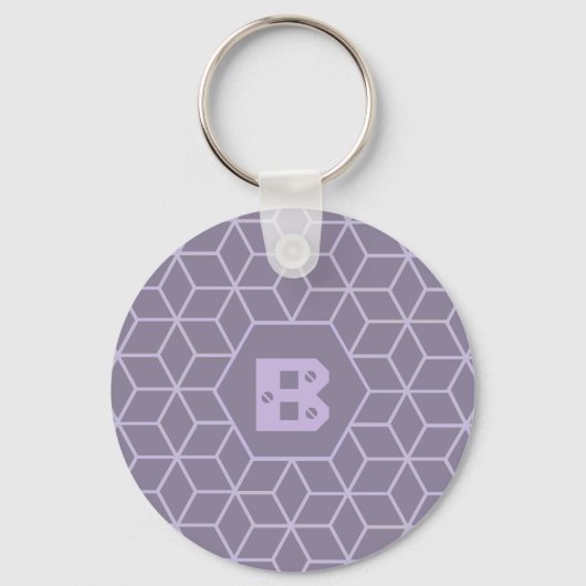 Modern Purple Geometric Cubes Pattern Monogram Sleutelhanger (Achterkant)
