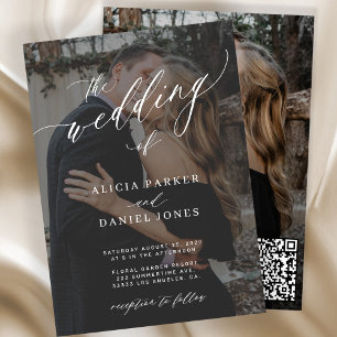 Modern QR CODE elegant script 2 photos wedding Kaart