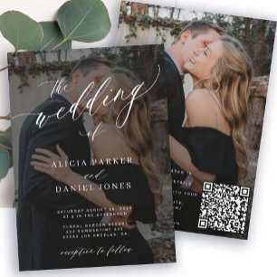 Modern QR CODE elegant script 2 photos wedding Kaart