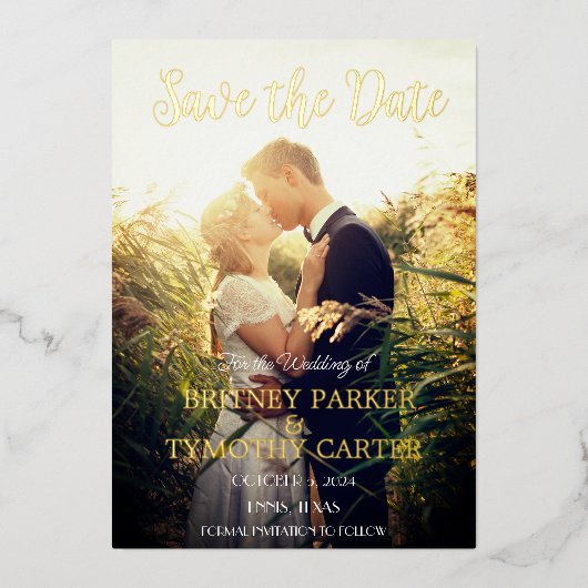 Modern QR Code Foto script Navy Blue Wedding Folie Uitnodiging (Voorkant)