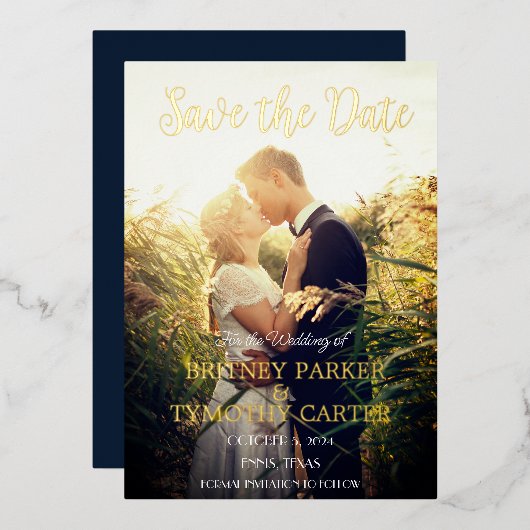 Modern QR Code Foto script Navy Blue Wedding Folie Uitnodiging (Voorkant / Achterkant)