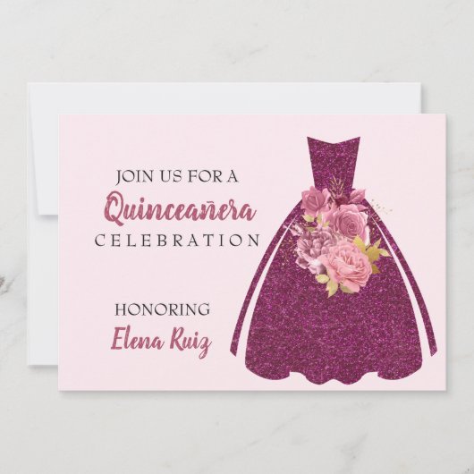 Modern Quinceañera Glitter Gown QR Code Uitnodigin Save The Date (Voorkant)