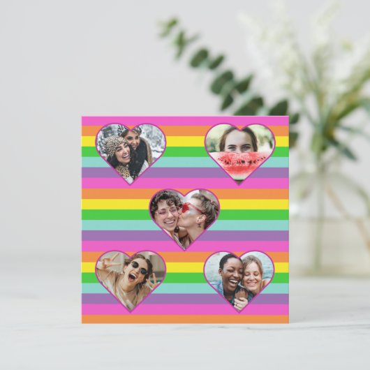 Modern Rainbow Heart 5-fotoscript Monogram Hol Feestdagenkaart (Staand voorkant)