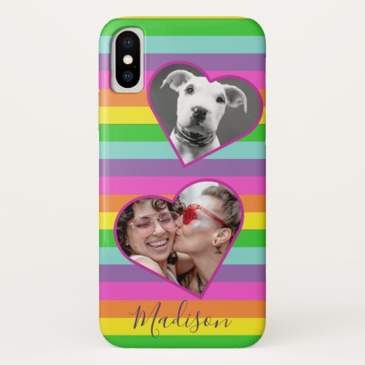 Modern Rainbow Heart Foto Script Naam Monogram C Case-Mate iPhone Case (Achterkant)