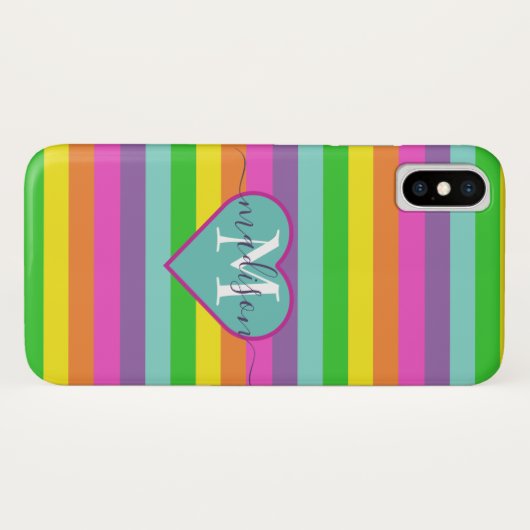 Modern Rainbow Heart Script Naam Monogram Case-Mate iPhone Case (Achterkant (horizontaal))