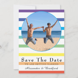Modern Rainbow Stripe Gay Wedding Save the Date Aankondiging