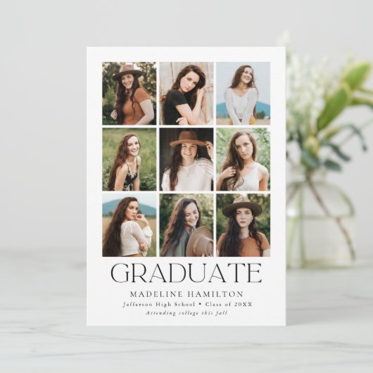 Modern raster White 9 Photo Collage Afstuderen Aankondiging (Staand voorkant)