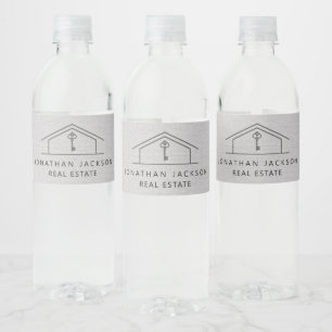 Modern Realtor Home Logo Grijs Nep Linnen Waterfles Etiket