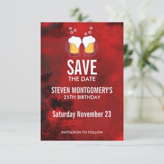 Modern Red Abstract met Beer Steins Birthday Save The Date (Staand voorkant)