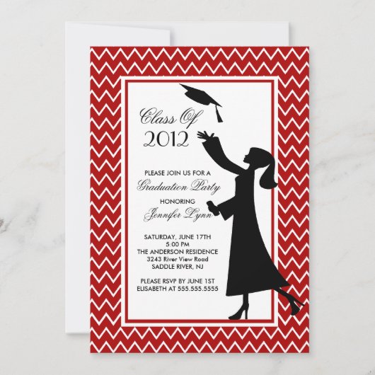 Modern Red Afstuderen Invitation Silhouette Afstud Kaart (Voorkant)