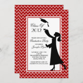 Modern Red Afstuderen Invitation Silhouette Afstud Kaart (Voorkant / Achterkant)