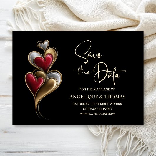 Modern Red and Gold Hearts Wedding Save the Date