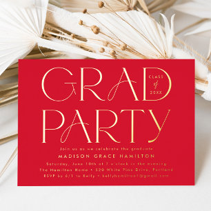 Modern Red and Gold Typography Graduation Party Folie Uitnodiging