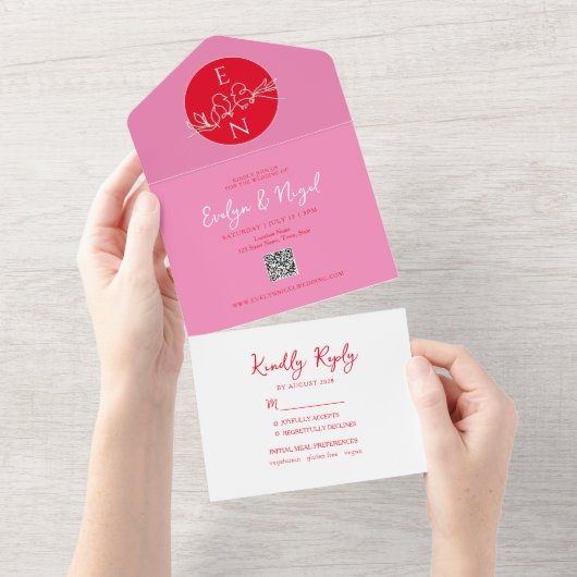 Modern Red and Pink Wedding All In One Uitnodiging (Afscheurbaar)