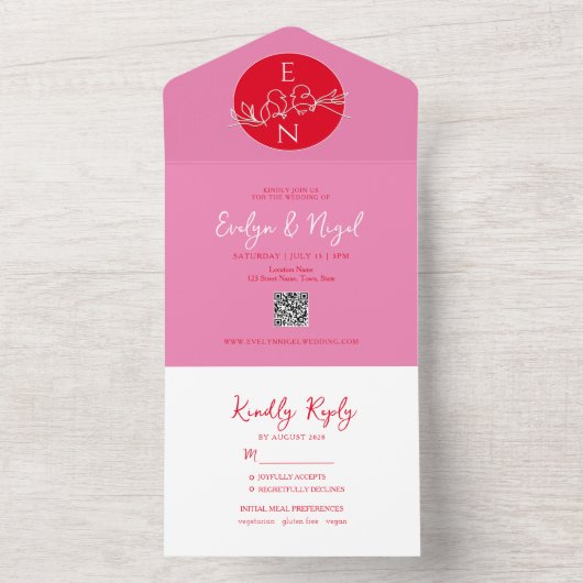 Modern Red and Pink Wedding All In One Uitnodiging (Binnen)