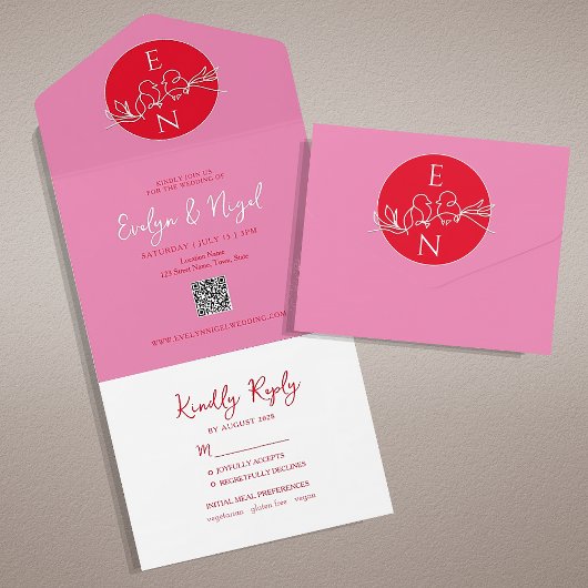 Modern Red and Pink Wedding All In One Uitnodiging