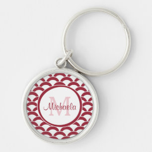 Modern Red and White Scallops Monogram en Naam Sleutelhanger