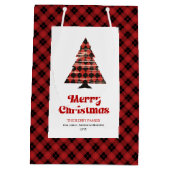 Modern red black plaid Christmas bag editable text Medium Cadeauzakje (Achterkant)
