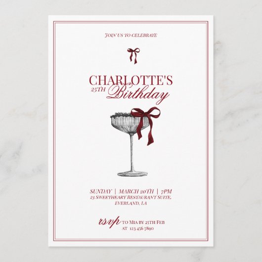 Modern Red Bow Champagne Birthday Invitation (Devant)