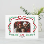 Modern Red Bow Joy Christmas Ribbon Foto Lijst Kaart (Staand voorkant)