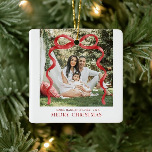 Modern Red Bow Merry Christmas Photo Keramisch Ornament (Boom)