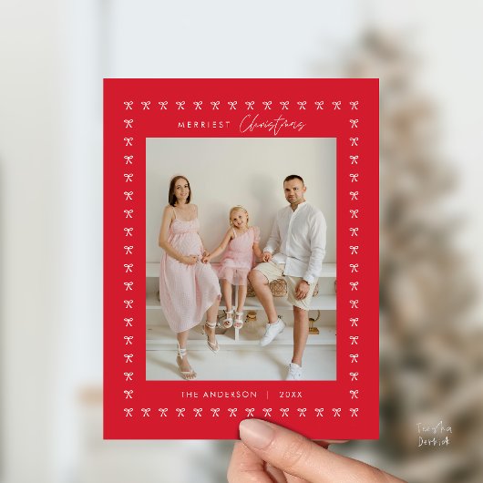 Modern Red Bow Pattern Familie Foto Kerstmis Briefkaart
