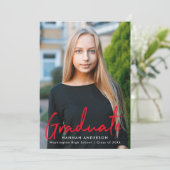Modern Red Brush Script Photo Afstuderen Aankondiging (Staand voorkant)