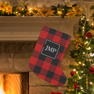 Modern Red Buffalo Plaid Persoonlijk Initiaal Kleine Kerstsok
