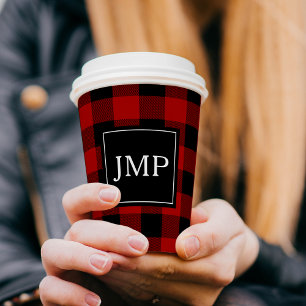 Modern Red Buffalo Plaid Persoonlijk Initiaal Papieren Bekers