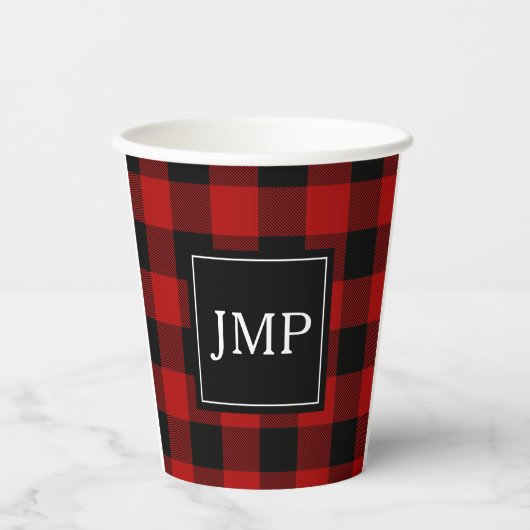 Modern Red Buffalo Plaid Persoonlijk Initiaal Papieren Bekers (Voorkant)