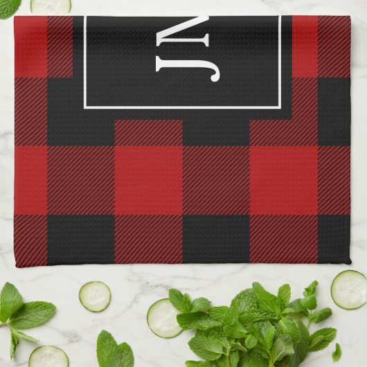 Modern Red Buffalo Plaid Persoonlijk Initiaal Theedoek (Gevouwen)