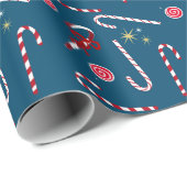 Modern Red Candy Cane Festive Kerstblauw Cadeaupapier (Rol Hoek)