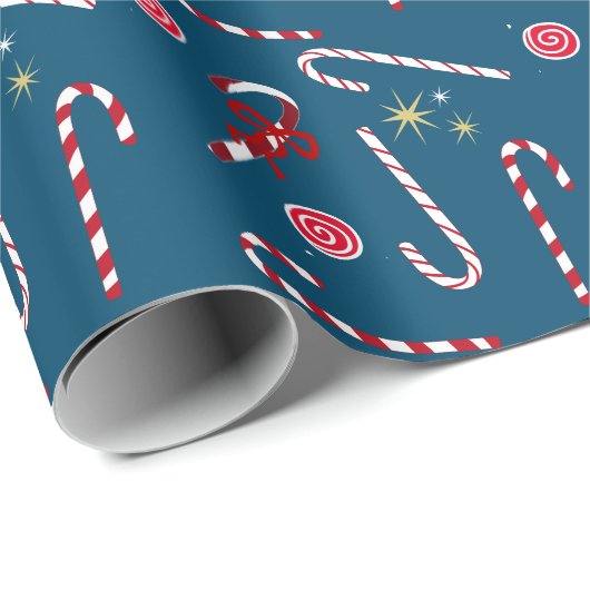 Modern Red Candy Cane Festive Kerstblauw Cadeaupapier (Rol Hoek)