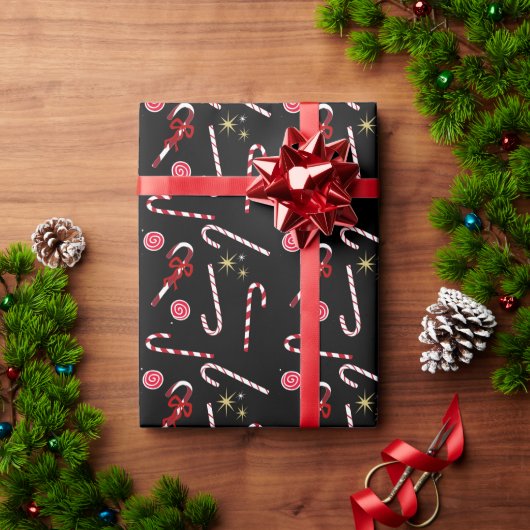 Modern Red Candy Cane Festive Kerstmis Black Cadeaupapier (Feestdagen Geschenken)