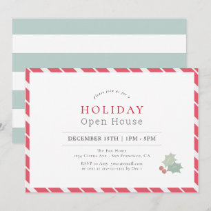 Modern Red Candy Cane Stripes Holiday Open House Kaart