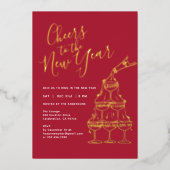 Modern Red Cheers to the New Year Party Folie Uitnodiging (Voorkant)