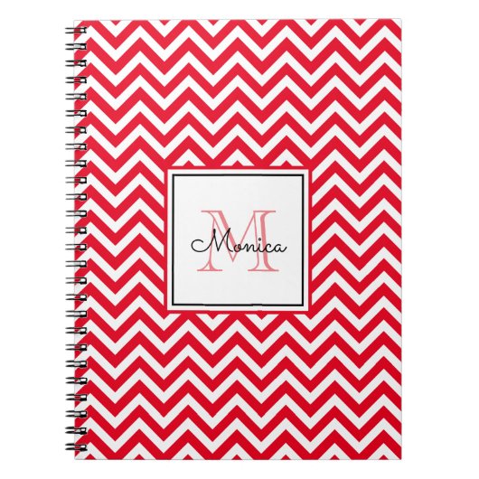 Modern Red Chevron Pattern met Monogram Notitieboe Notitieboek (Voorkant)