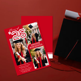 Modern Red Class of 2026 3-Photo Graduation Invite Kaart