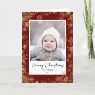 Modern Red Elegant Script Snowflakes Bokeh Overlay Feestdagen Kaart